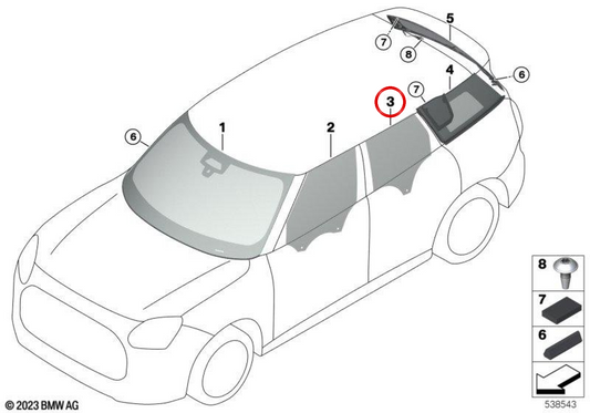 Cristal latéral de porte arrière droite OEM 51355A17F58 pour MINI Countryman U25, Countryman C, D, E, One… et plus. Original MINI.