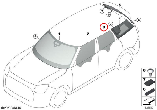 Cristal latéral arrière gauche porte OEM 51355A17F61 pour MINI Countryman U25, Countryman C, D, E, ONE… et plus. Original MINI.