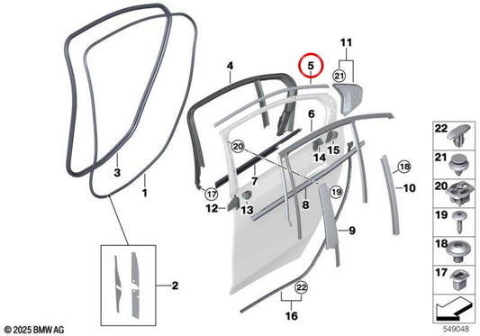 Moldura da moldura da janela da porta traseira esquerda OEM 51355A1A2C5 para BMW G60, G90. BMW genuíno.