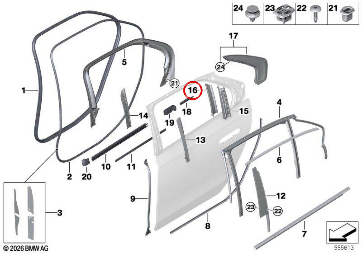 Embellient Right Interior Window Guide 51355A2F9E4 for BMW E12, G70. Original BMW.