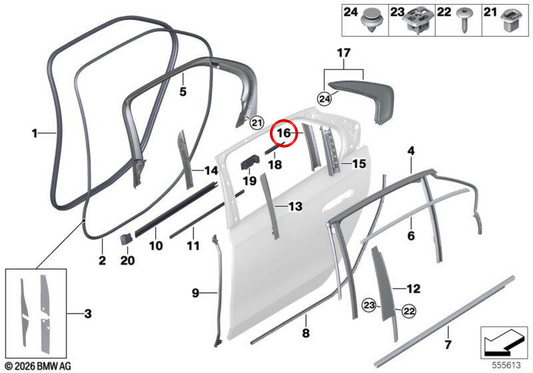 Verzierungsmittel rechter Innenscheibenführer 51355A2F9E4 für BMW E12, G70. Original BMW.