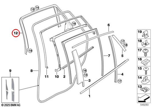 Cubierta marco de ventana puerta trasera derecha OEM 51357182336 para BMW E71, E72. Original BMW.