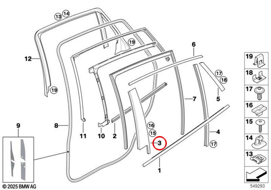 Moldura da moldura da janela B pilar porta traseira esquerda OEM 51357187207 para BMW E71, E72. BMW genuíno.