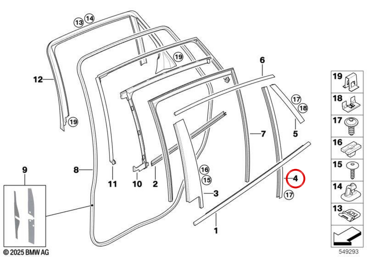 OEM 51357187211 left window guide mold for BMW E71, E72. Original BMW.