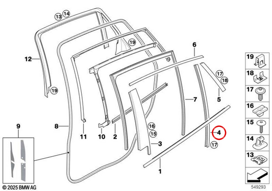 Moldura guía de ventana izquierda OEM 51357187211 para BMW E71, E72. Original BMW.