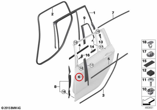 Moldagem do pilar B da porta traseira esquerda OEM 51357316779 para BMW F46. BMW genuíno.