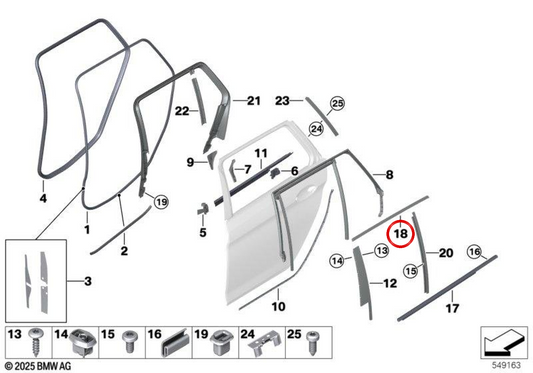 Links hintere Türfensterrahmenform 51357336979 für BMW G31. Original BMW.