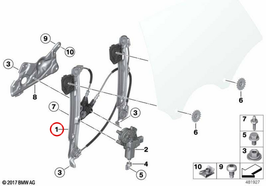 Fenêtres arrière droites sans moteur OEM 51357365258 pour BMW F36. BMW d'origine.