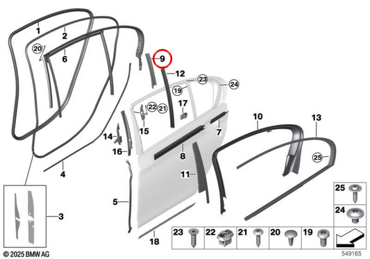 Tampa do guia da janela direita OEM 51357372946 para BMW G11, G12. BMW genuíno.