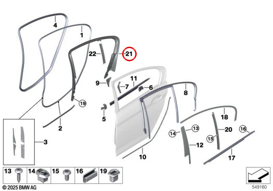 Hinterer linker Fensterrahmen (SSR) für BMW G30 und F90 M5 Original OEM 51357384941