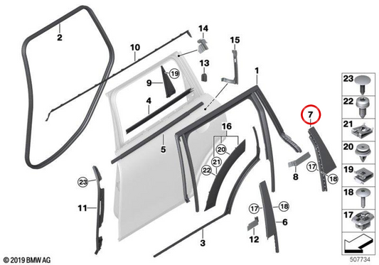 Moldura angular puerta trasera izquierda OEM 51357387149 para MINI Clubman F54, F54 LCI. Original MINI.