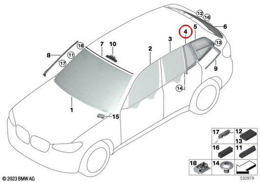 Cristal fijo puerta trasera derecha OEM 51357388834 para BMW G01, G08, F97. Original BMW.