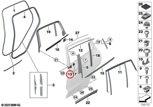 Junta de cerradura puerta trasera izquierda OEM 51357393443 para BMW G01, G08, F97, G02, F98. Original BMW.