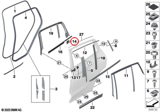 Junta de cierre para cerradura puerta izquierda OEM 51357393453 para BMW G01, G08, F97, G02, F98. Original BMW.