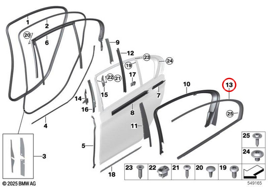 Formtüre aus dem linken hinteren Türfenster OEM 51357397861 für BMW G12. Original BMW.