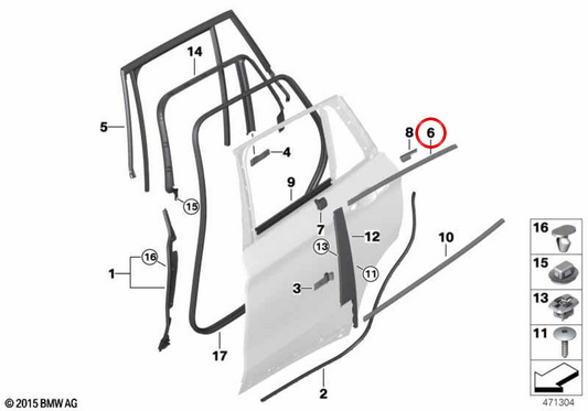 Moldura marco de ventana puerta trasera izquierda OEM 51357410387 para BMW F48. Original BMW.