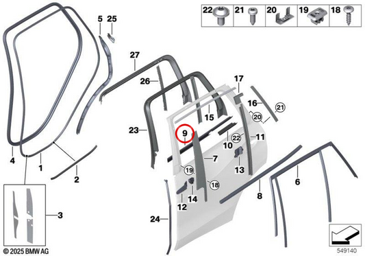 Junta de estanqueidad puerta trasera izquierda OEM 51357428693 para BMW G05, F95. Original BMW.