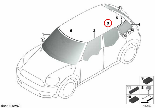 Cristal latéral de porte arrière droite OEM 51357433094 pour MINI Countryman F60, F60 LCI. Original MINI