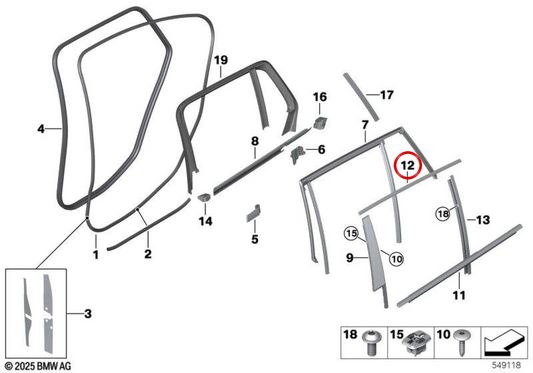 Moldura da moldura da janela da porta traseira esquerda OEM 51357433977 para BMW G21. BMW genuíno.