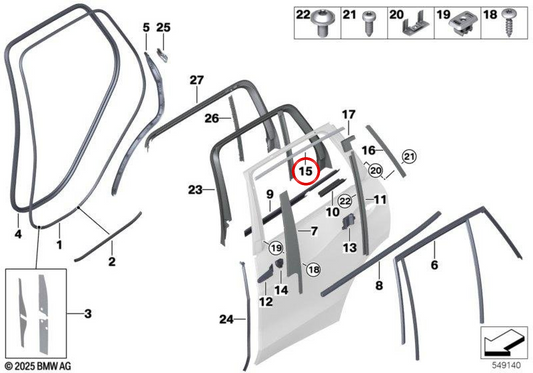 Moldura superior del marco de la ventana puerta trasera derecha OEM 51357444110 para BMW G07. Original BMW.
