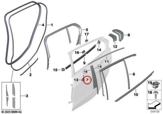 Moldura pilar B puerta trasera izquierda OEM 51357452375 para BMW F40. Original BMW.