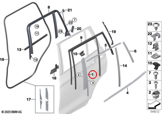 Moldagem do pilar B da porta traseira esquerda OEM 51357454161 para BMW F26. BMW genuíno.
