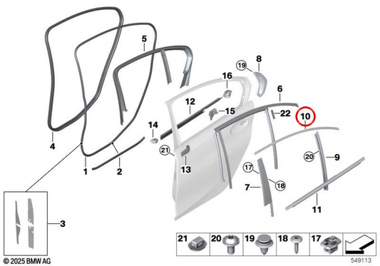 Moldura superior da moldura da janela da porta traseira direita OEM 51357485822 para BMW G20. BMW genuíno.