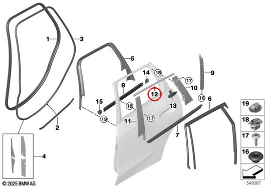 Moldura da moldura da janela da porta traseira esquerda OEM 51358466109 para BMW U12. BMW genuíno.