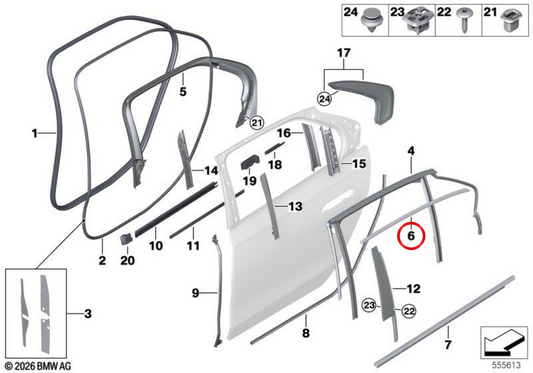 Formen des rechten hinteren Türfensters 51359447492 für BMW G70. Original BMW.
