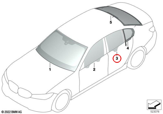 Cristal lateral trasero izquierdo de puerta OEM 51359449815 para BMW Serie 3 G20 Berlina. Original BMW.