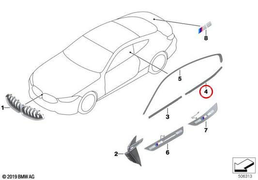 Cubierta exterior del marco de puerta trasera derecha OEM 51359500760 para BMW F93. Original BMW.