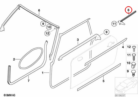 Copertura del vano finestrino interno sinistro OEM 51367072929 per MINI Cooper R50, R52, R53, Cabrio R52. MINI originale.