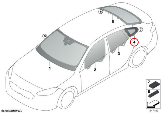 Rechte hintere Seitenfenster OEM 51375A3C0D8 für BMW 2 F74 -Serie (218i, 218d, 220i, 220d, 228i XDrive, M235I XDrive). Original BMW.