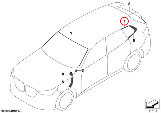 Listão de vidro lateral traseiro direito preto brilho OEM 51375A49A08 para BMW X3 G45, X3L G48… e mais. Original BMW.