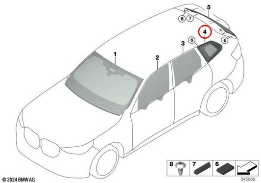 Finestra laterale fissa posteriore destra 51375A4F792 per BMW X3 (G45) X3 20I, X3 20D, X3 30E, X3 M50i ... e altro. BMW originale.