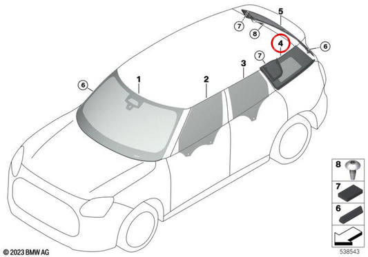 Vetro laterale fisso posteriore sinistro OEM 51375A65483 per MINI Countryman U25. Originale MINI
