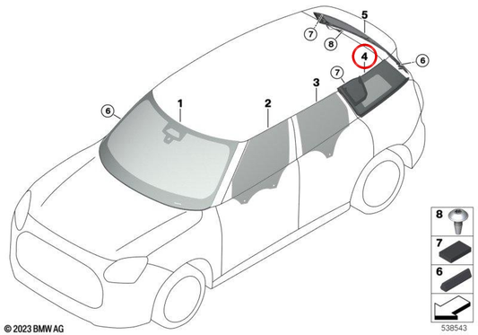 Vetro laterale fisso posteriore sinistro OEM 51375A654B3 per MINI Countryman U25, Countryman C, D, E, S ALL4. Originale MINI.