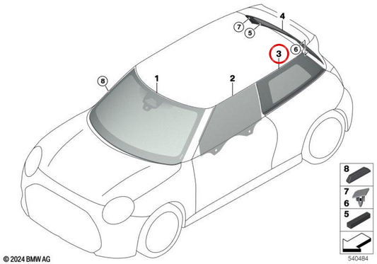 Rechte Heckscheibe OEM 51375A73732 für Mini Cooper J01 (Cooper E, Cooper SE, JCW E) ab 11/2023. Original Mini.