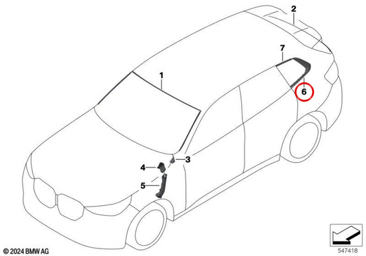 Moldura de cristal lateral trasero izquierdo negro brillo OEM 51375B6CB87 para BMW X3 G45, X3L G48… y más. Original BMW.