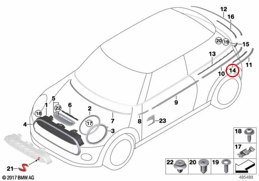 Bande de retenue pour baguette décorative avant gauche OEM 51377338623 pour MINI F55, F55 LCI, F65. MINI d'origine.