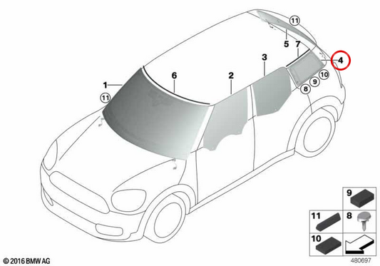 Vetro laterale fisso posteriore sinistro OEM 51377433095 per MINI Countryman F60, F60 LCI Cooper… e altri. Originale MINI