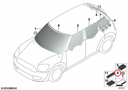 Clip de fixação de vidro lateral OEM 51377441262 para MINI Countryman F60, F60 LCI... e mais. Original MINI.