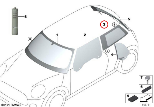 Cristallo laterale fisso posteriore sinistro OEM 51377461591 per MINI F56, F56 BEV, F56 LCI, F56 BEV LCI, F66 Original MINI