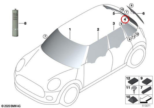 Cristal lateral traseiro esquerdo fumado OEM 51377466437 para MINI Clubman F54, Clubman F54 LCI. Original MINI.