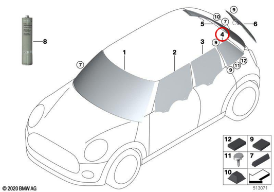 Vetro laterale posteriore destro oscurato OEM 51377466438 per MINI Clubman F54, F54 LCI. Originale MINI.