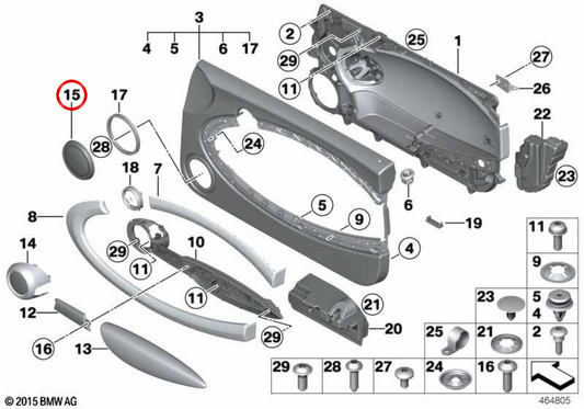Copertura per altoparlante basso argento OEM 51412753270 per MINI R55, R56, R57, R58, R59, R60, R61. MINI originale.