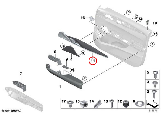Moldura decorativa de madera Fresno Raíz izquierda OEM 51415A27825 para BMW G32. Original BMW.