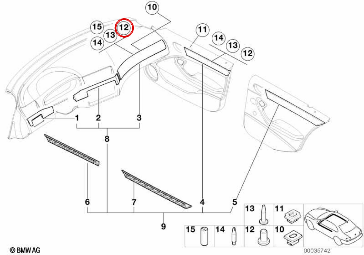 Bullone filettato D = 6x12 OEM 51416976220 per BMW E46, E90, E90 LCI, E91, E91 LCI. BMW originale.
