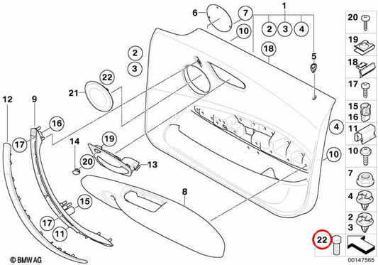 Threaded pin for door panel and side trim OEM 51417122657 for BMW 1 Series E81, E82, E87, E88, 3 Series E92, E93 and MINI Countryman R60, Paceman R61. Genuine BMW and MINI.