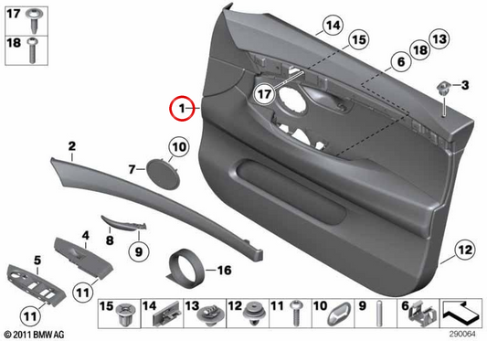 Painel da porta de couro dianteiro esquerdo OEM 51417260627 para BMW F07. BMW genuíno.